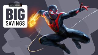 Miles Morales Spider-Man on a grey background with big savings badge