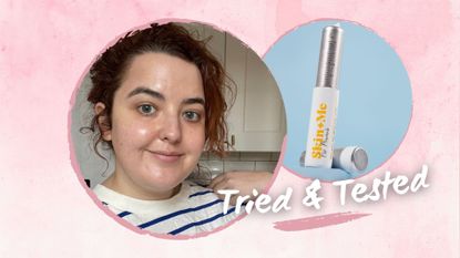 A make-up free shot of beauty editor Rhiannon Derbyshire with an image of Skin + Me's serum, to illustrate Rhiannon's Skin + Me review