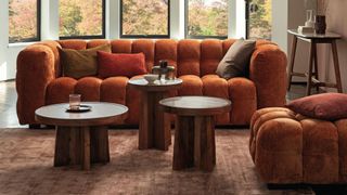 picture of a curved sofa with rounded edges in a burnt orange colour