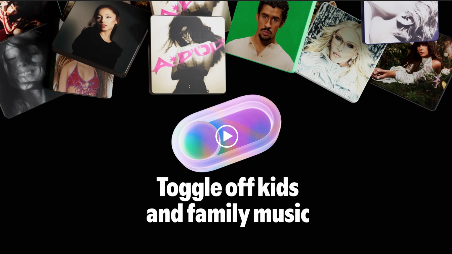 A selection of music artwork with the slogan 'Toggle off kids and family music' on a black background.