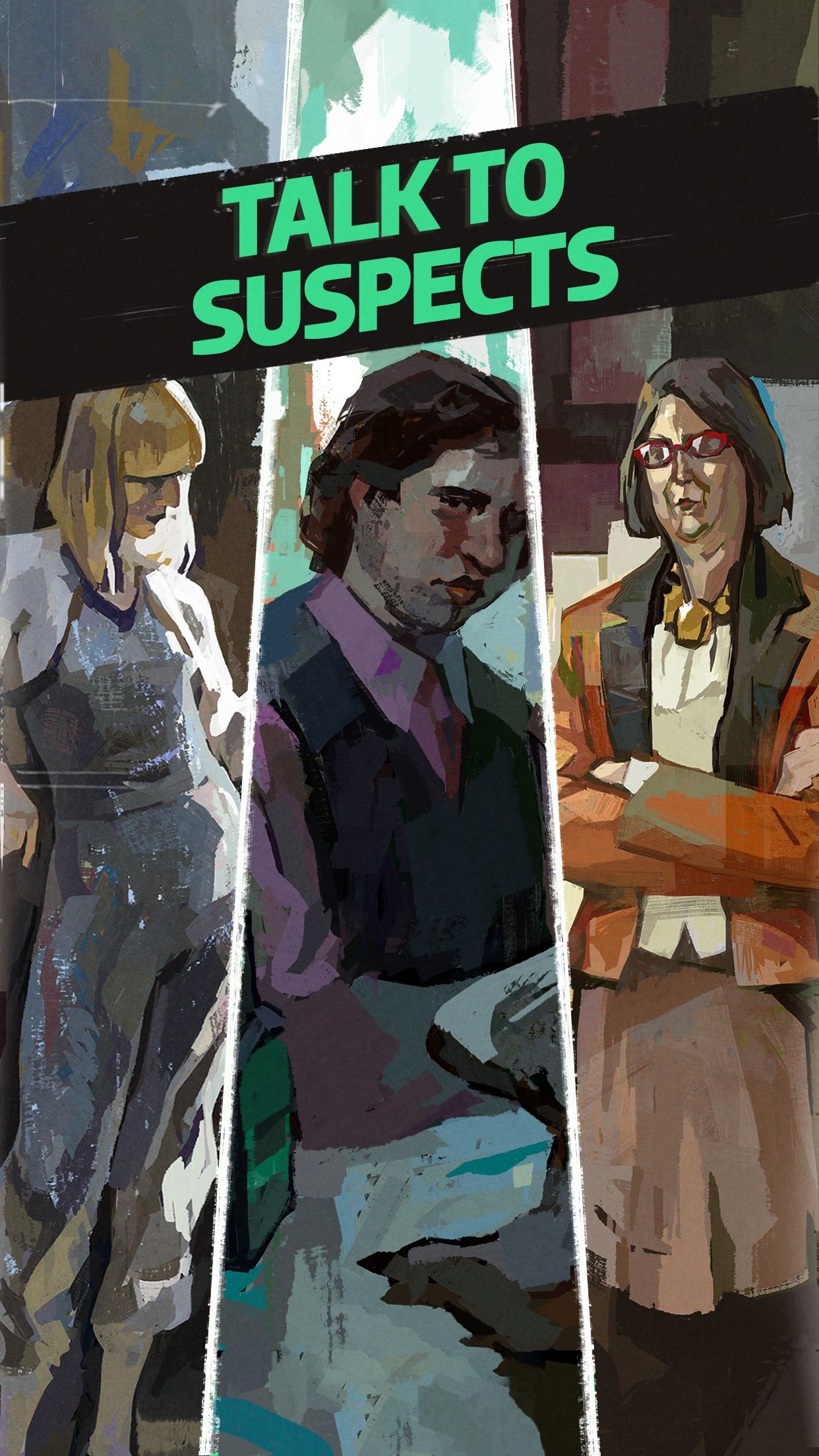 "Talk to Suspects" over art of three npcs of Disco Elysium in split frame