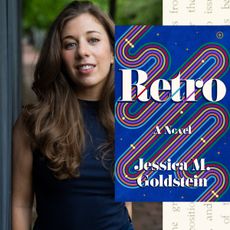 author jess goldstein's headshot of her standing on a street leaning against a building opposite the cover of her novel retro 