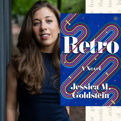 author jess goldstein's headshot of her standing on a street leaning against a building opposite the cover of her novel retro