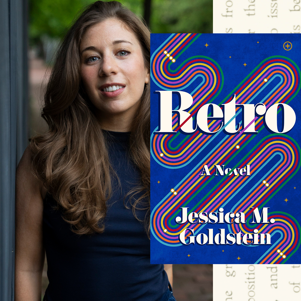 author jess goldstein's headshot of her standing on a street leaning against a building opposite the cover of her novel retro 