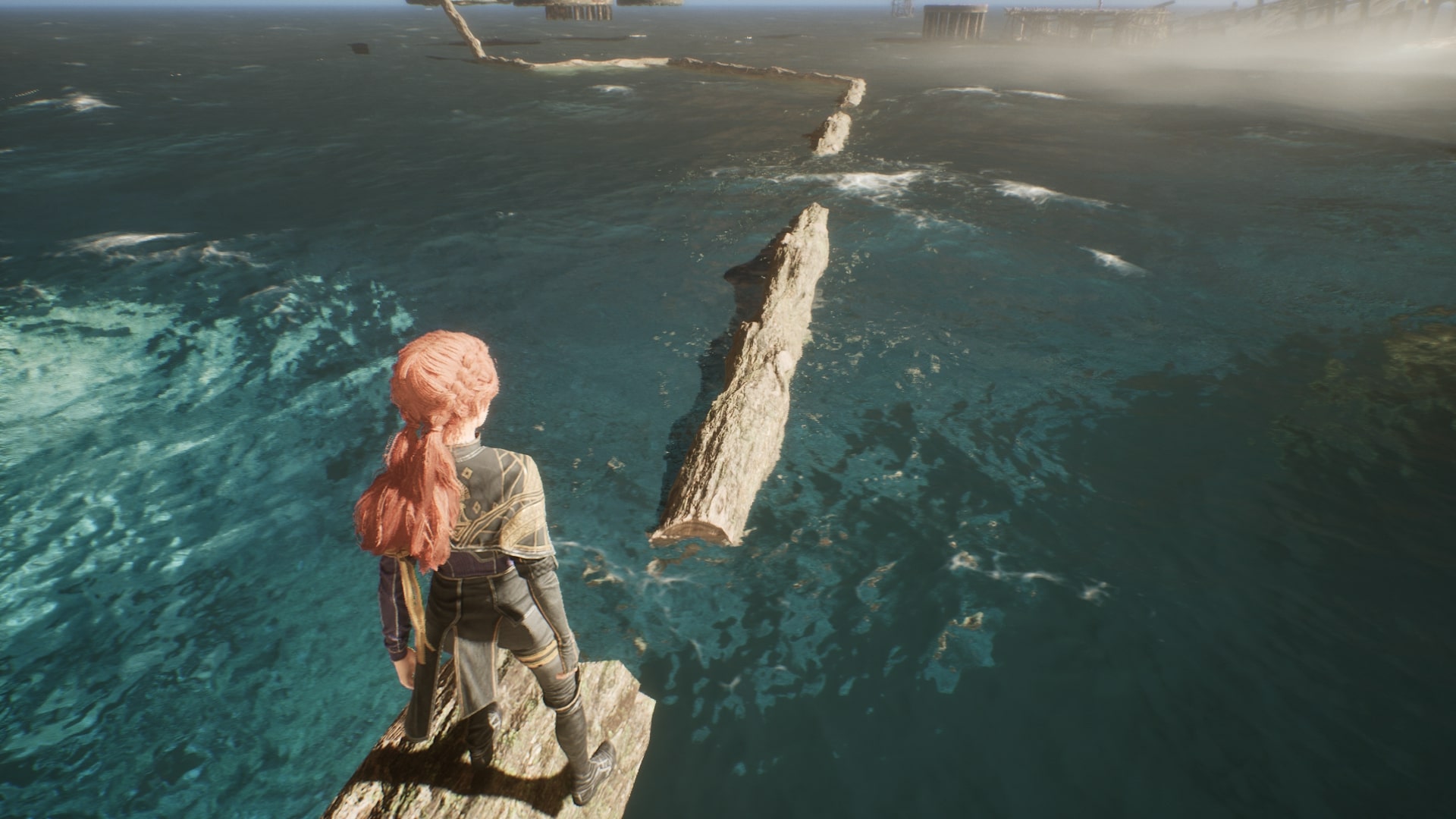 Clair Obscur: Expedition 33 screenshot of Maelle standing on a log in the sea, part of a minigame at a Gestral Beach