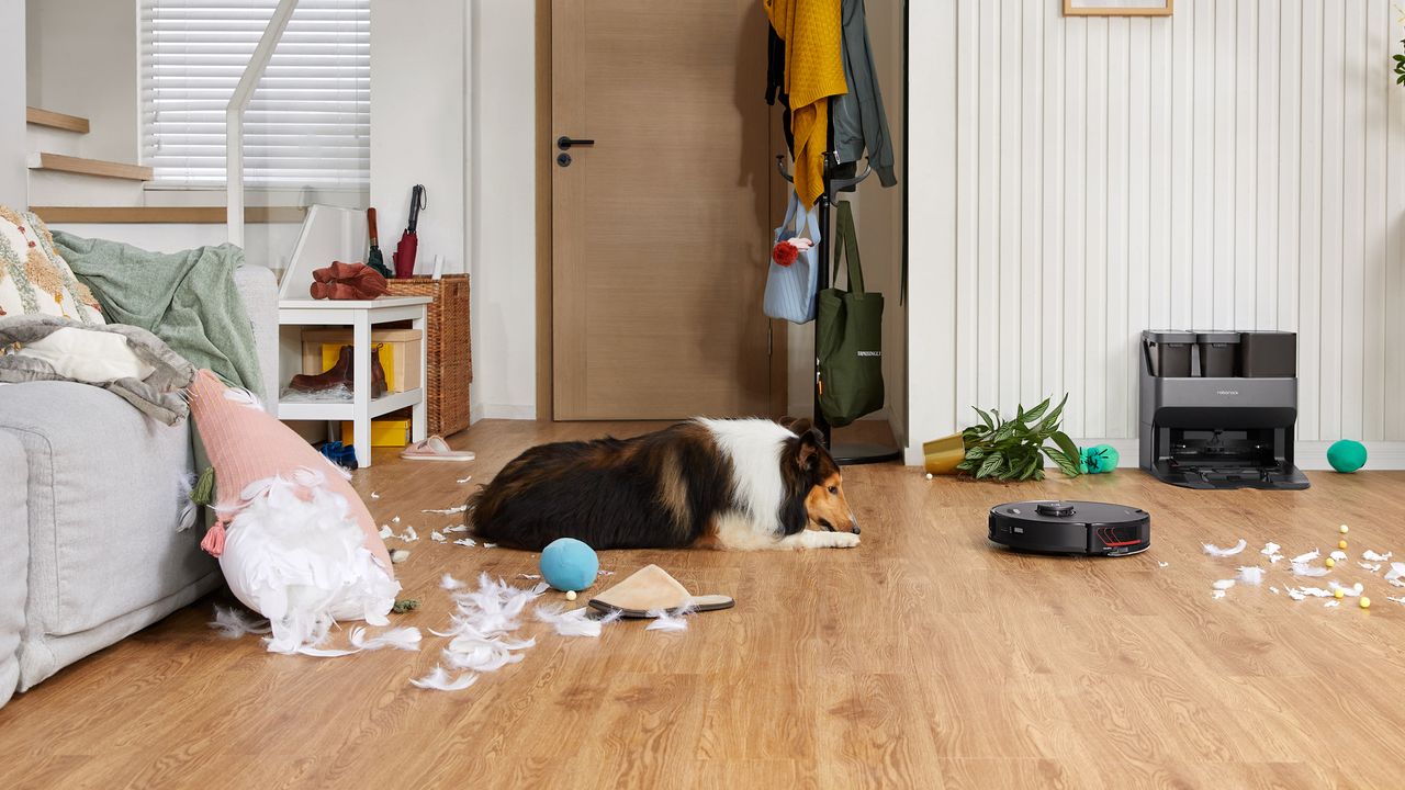 Roborock S7 MaxV Ultra on messy floor with dog