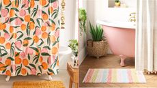 Two pictures of bathrooms: one with a peach shower curtain and one with a pink bath and stripy bath mat