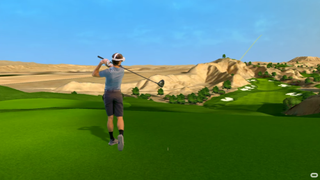 Screengrab from Golf+ trailer via YouTube of man swinging club in VR.