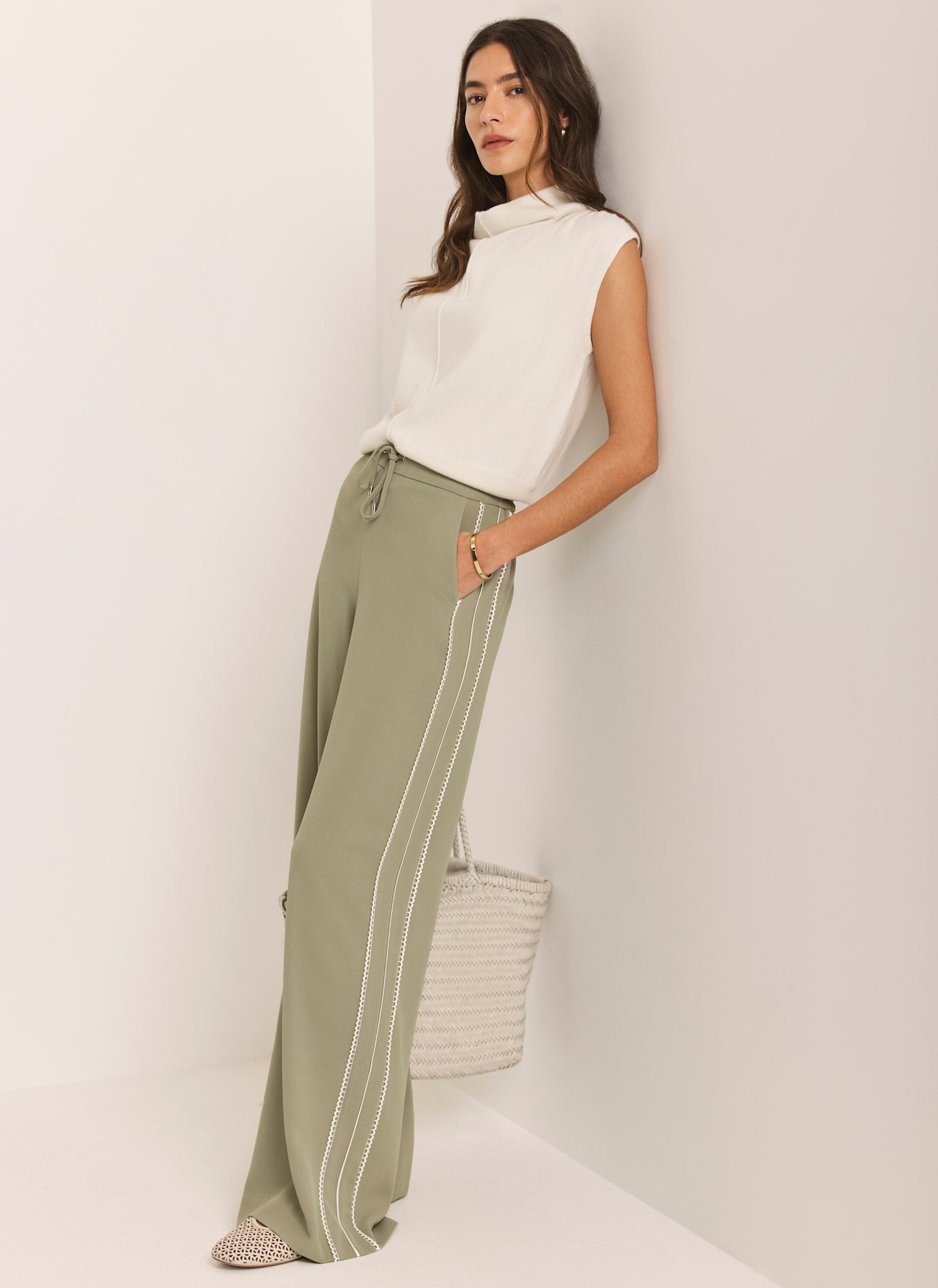 Khaki Scallop Side Stripe Wide Trousers