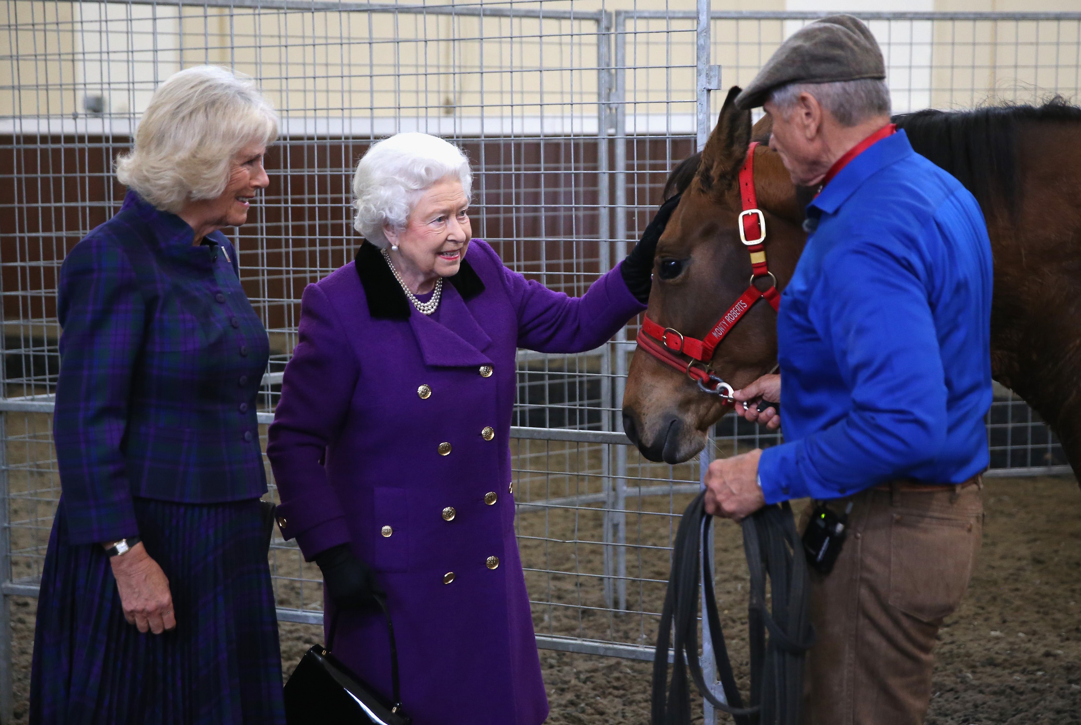 Queen Camilla, Queen Elizabeth and Monty Roberts standing with a horse at the Royal Mews