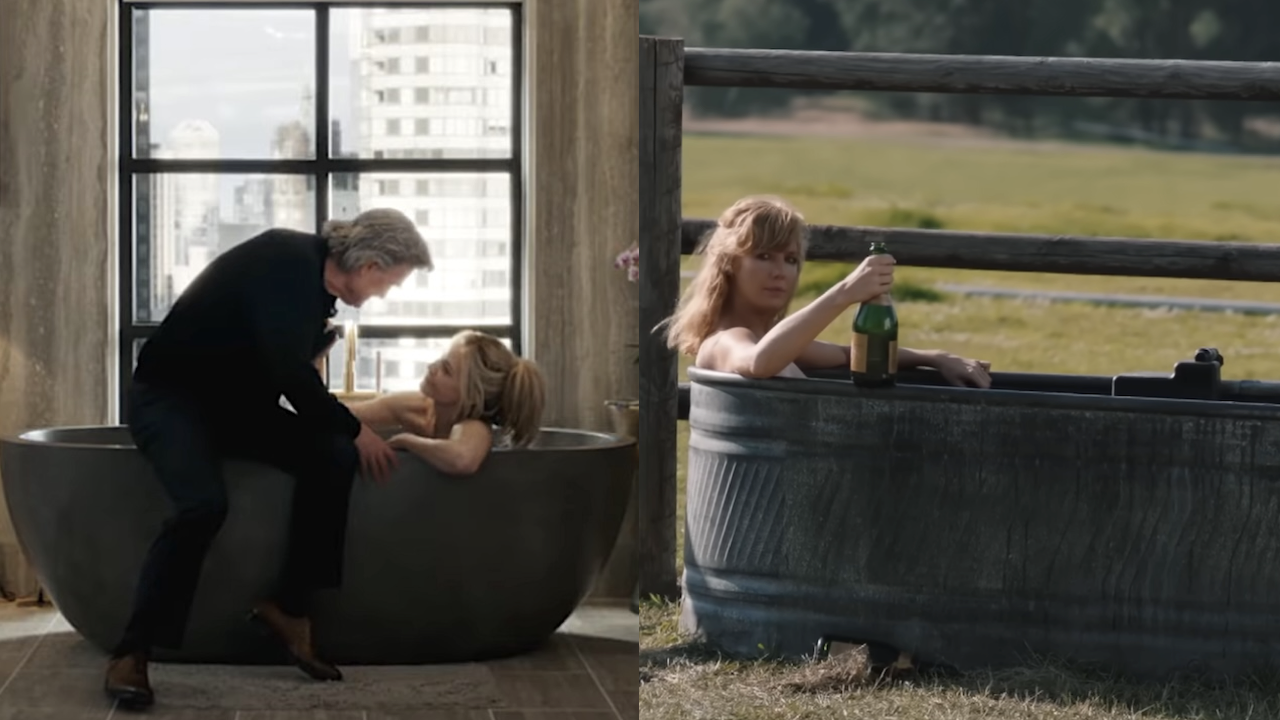 Side by side: Stacy in bathtub in The Madison, Beth in horse trough bath in Yellowstone