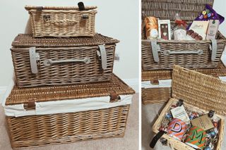 Collage of DIY hampers including stacked hampers small, medium and large