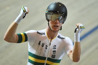 Australian Cameron Meyer celebrates winning the men's points race final during the UCI Track Cycling World Championships