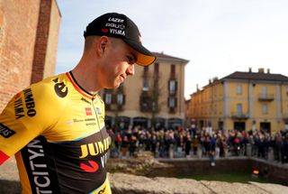 Wout van Aert (Jumbo-Visma) with a fresh haircut for the Milan-San Remo teams presentation in 2023