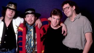 SRV & Double Trouble in 1985: (L-R) Tommy Shannon, American musician, Stevie, drummer Chris Layton and keyboardist Reese Wynans