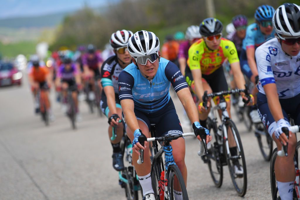 LAGUNAS DE NEILA SPAIN MAY 23 Lauretta Hanson of Australia and Team Trek Segafredo during the 6th Vuelta A Burgos Feminas 2021 Stage 4 a 1216km stage from Quintanar de la Sierra to Lagunas De Neila 1870m VueltaBurgos BurgosFem UCIWWT on May 23 2021 in Lagunas De Neila Spain Photo by Luc ClaessenGetty Images