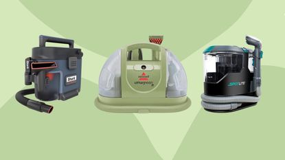 Three of the best carpet cleaners from Shark, Bissell, and Kenmore on green abstract background