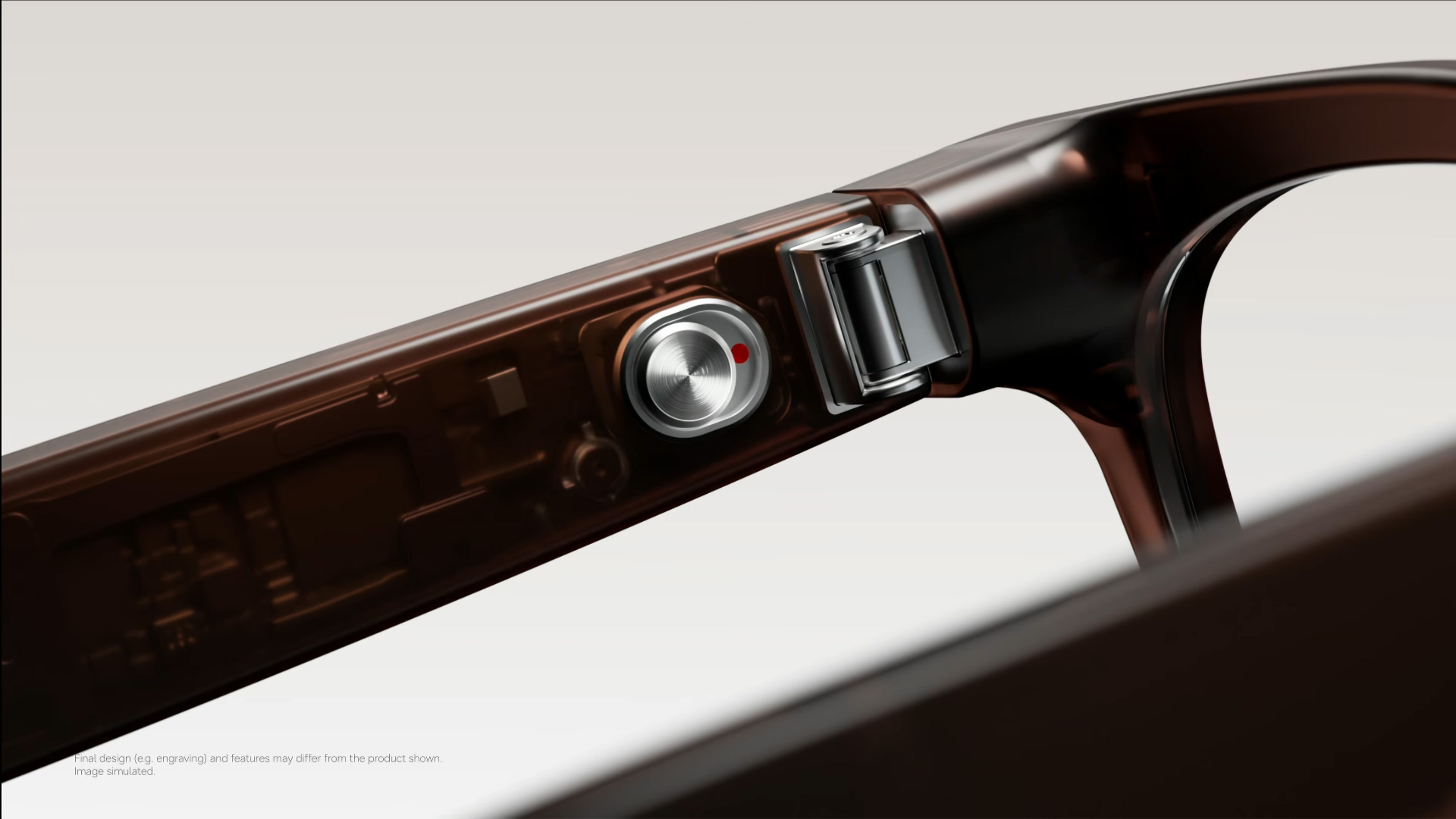 The power switch and hinge on the inside of Samsung Intelligent Eyewear