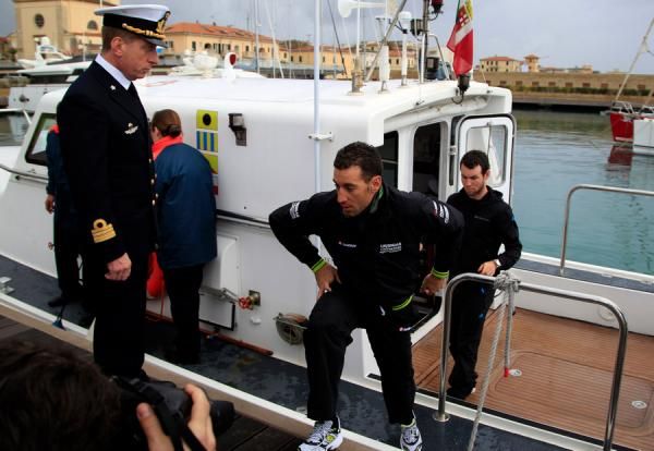 Nibali (Liquigas-Cannondale) looks more accustomed to bike riding than he is at sea.