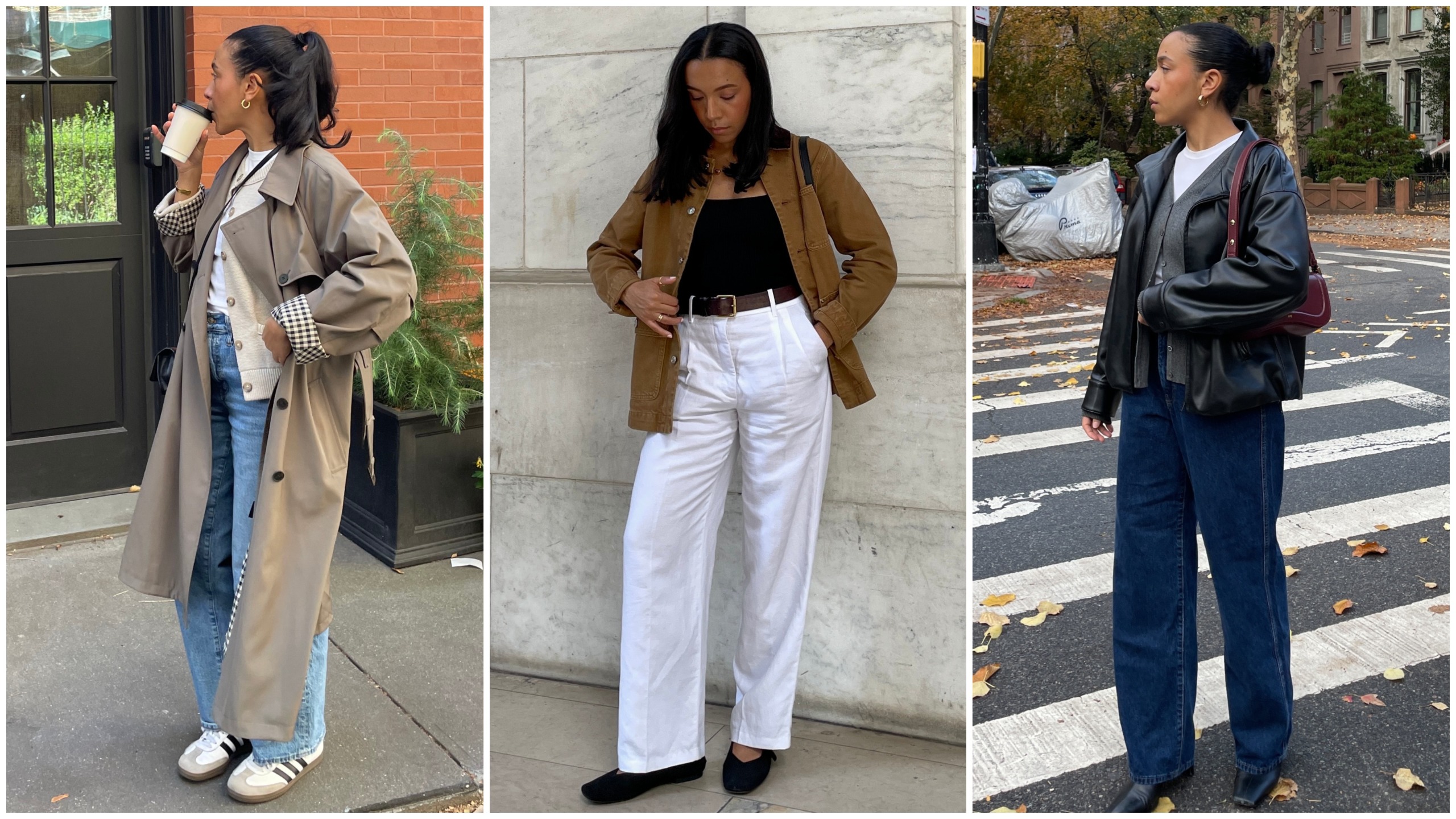 Lauren Tappan wearing a trench coat and jeans; Lauren Tappan wearing a barn jacket and white pants; Lauren Tappan wearing a leather jacket and jeans 