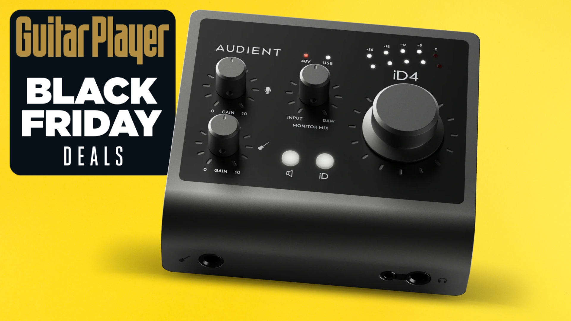 An Audient iD4 MkII audio interface on a yellow background