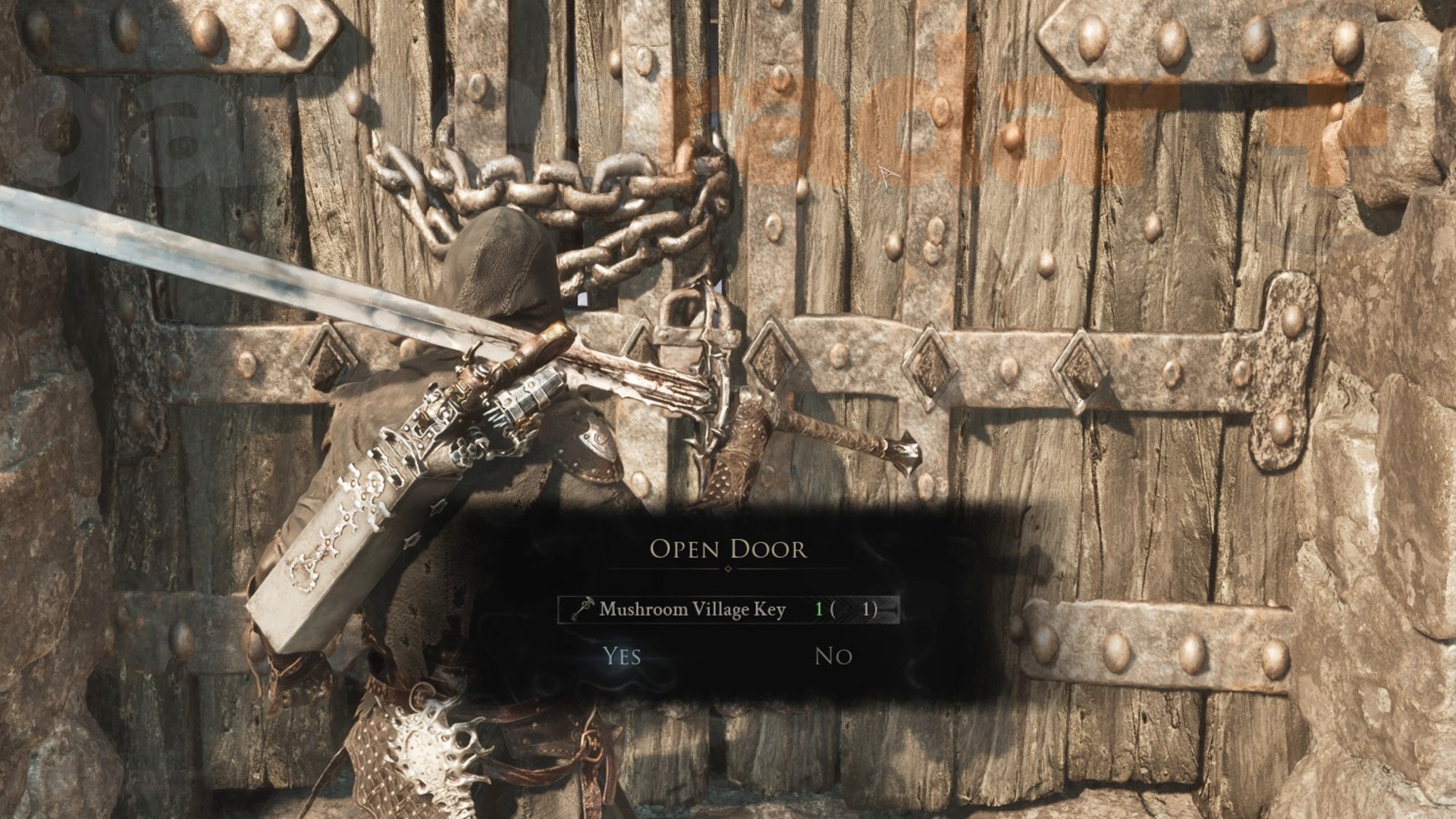 The player stands at a locked door, but can open it using the Mortal Shell 2 Mushroom Village key.
