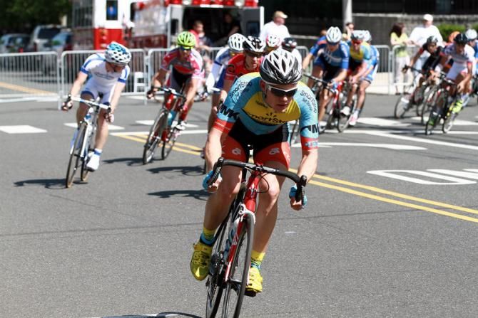 Jackie Simes (Team SmartStop- Mountain Khakis) leads the field on a chase group- to no avail