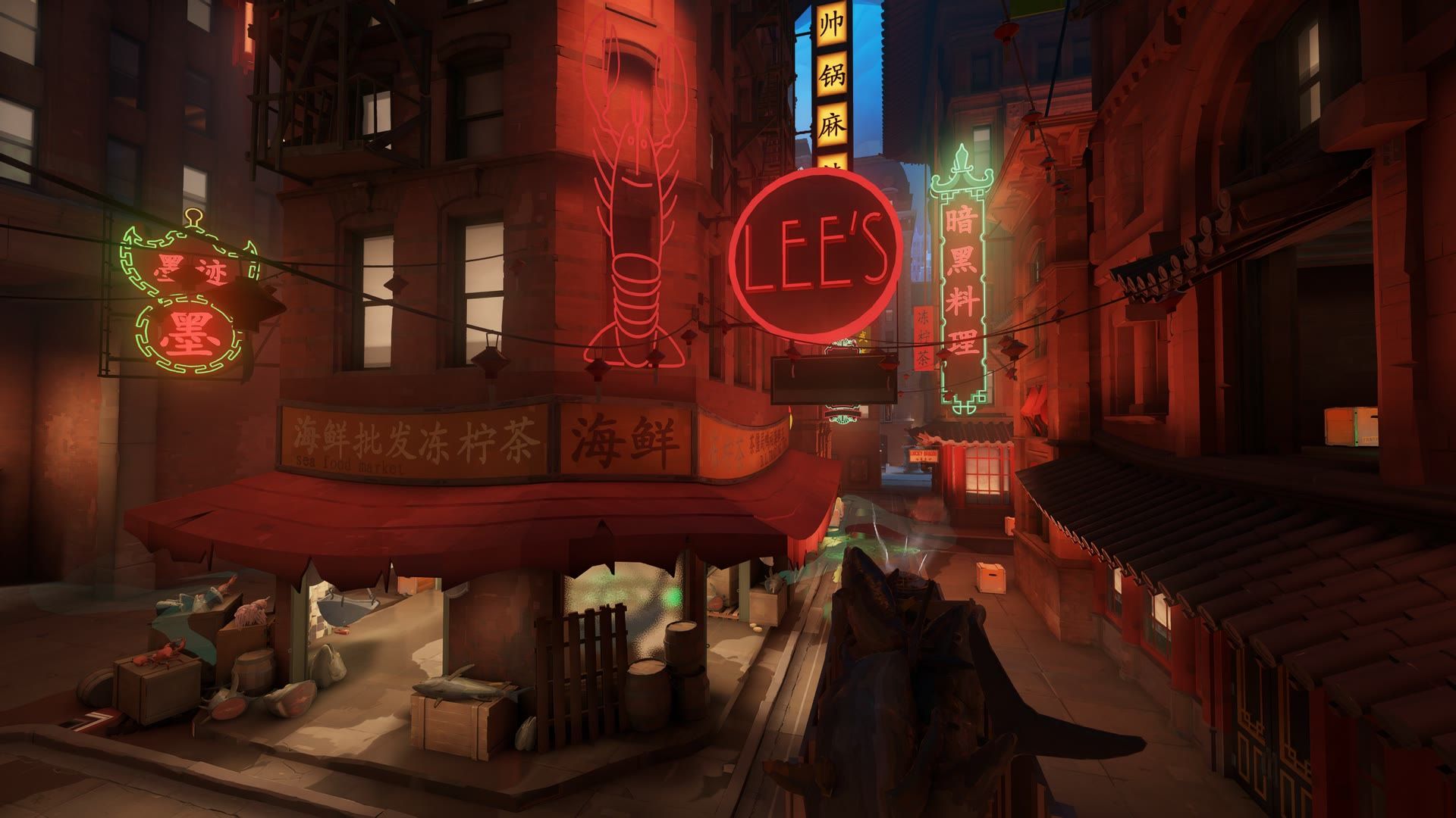 A screenshot of Deadlock's Chinatown area. A nighttime street drenched in red from the bright signs hanging above.