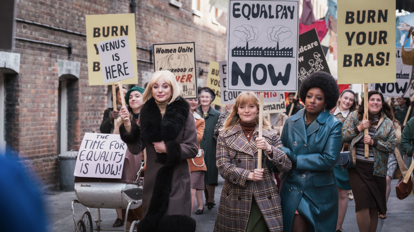 Nurses Trixie Aylward (played by Helen George), Rosalind Clifford (Natalie Quarry) and Joyce Highland (Renee Bailey) lead the march for women's rights in "Call the Midwife" season 15