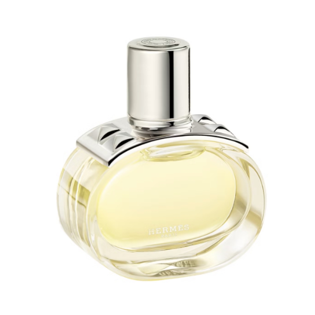 A product shot of the Herm&amp;egrave;s Barenia Eau de Parfum, which features a silver lid and is housed in a oval glass bottle - pictured on a white background