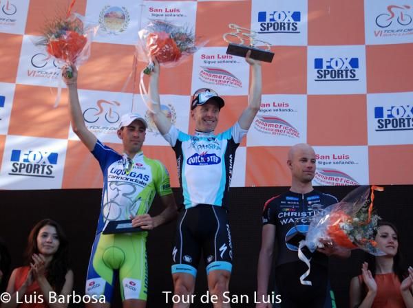 The podium for stage 4 of the Tour de San Luis; Vincenzo Nibali (Liquigas-Cannondale), Levi Leipheimer (Omega Pharma-Quickstep), Stefan Schumacher (Christina Watches)