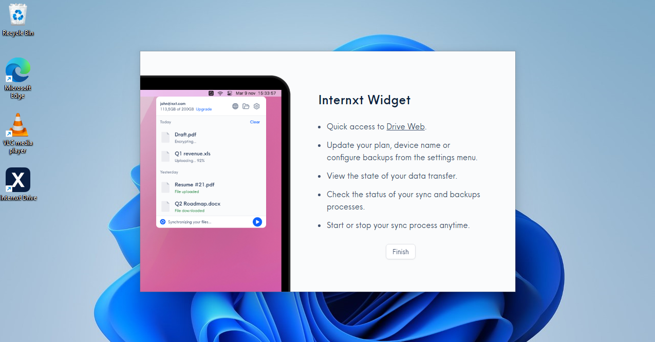 Internxt cloud storage interface showing the app's desktop widget help screen