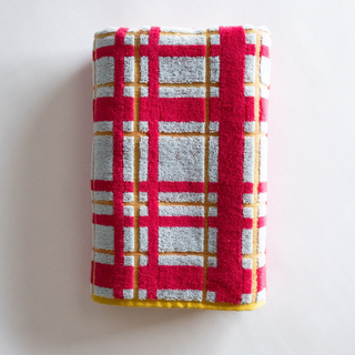 plaid towel with red, blue and yellow