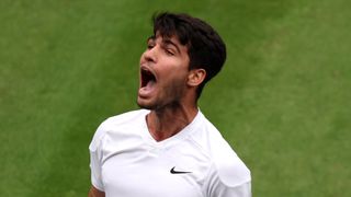 Carlos Alcaraz of Spain shouts out in celebration of reaching the Men's singles semi-final at Wimbledon 2024 – Alcaraz vs Medvedev live stream 