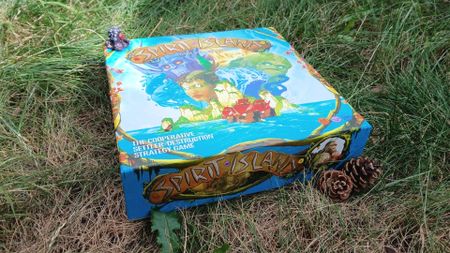 Spirit Island box lying on grass, with pinecones nearby