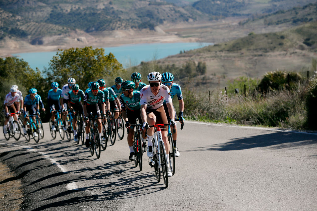 IZNAJAR SPAIN FEBRUARY 16 LR Cesare Benedetti of Poland and Team Bora Hansgrohe Gijs Van Hoecke of Belgium and Ag2R Citroen Team and Gleb Brussenskiy of Kazahkstan and Team Astana Qazaqstan compete during the 68th Vuelta A Andalucia Ruta Del Sol 2022 Stage 1 a 2007km at stage from Ubrique to Iznjar 514m 68RdS on February 16 2022 in Iznjar Spain Photo by Bas CzerwinskiGetty Images