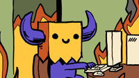 Evil Empire's mascot sits in a flaming office as per a parody of KC Green's famous "This is Fine" comic.