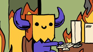 Evil Empire's mascot sits in a flaming office as per a parody of KC Green's famous "This is Fine" comic.