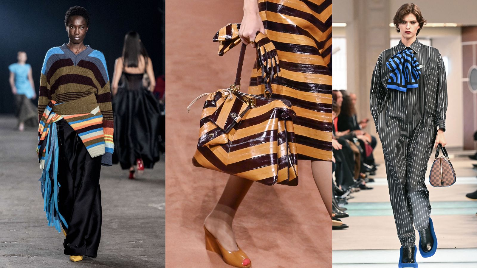 3 models of the catwalk wearing stripes