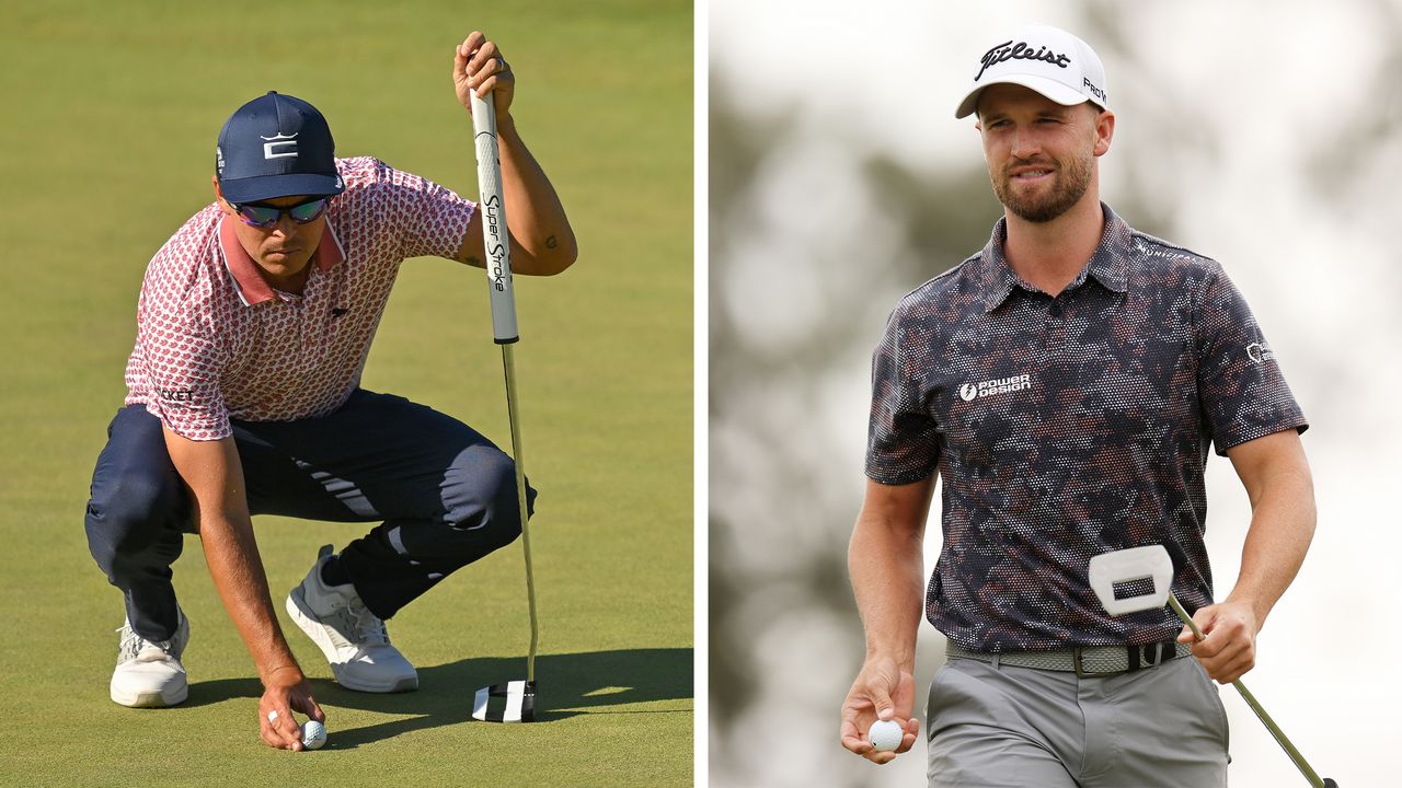 Rickie Fowler and Wyndham Clark holding their putters