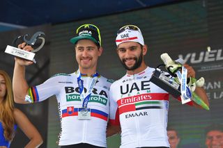 Peter Sagan and Fernando Gaviria on the stage 4 podium in San Juan