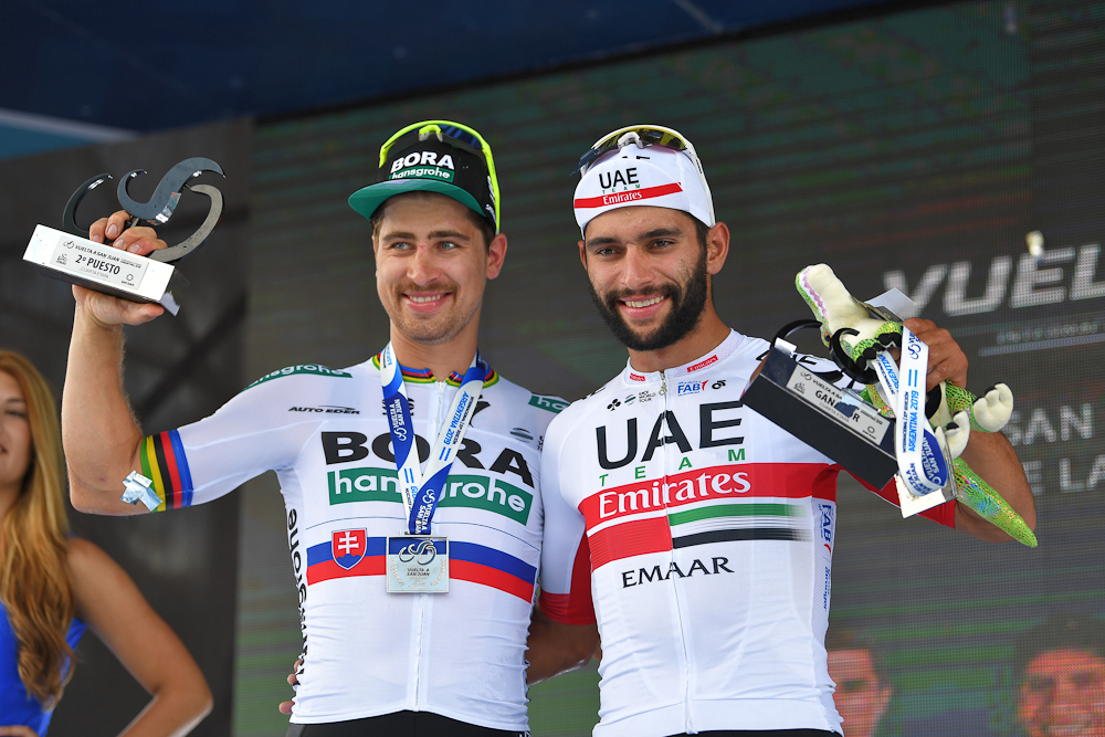 Peter Sagan and Fernando Gaviria on the stage 4 podium in San Juan