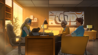 Three characters sit around an office desk, one of who wears a superhero mask 