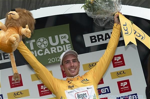 Stage 1 winner John Degenkolb (Argos-Shimano) in the leader's yellow jersey.