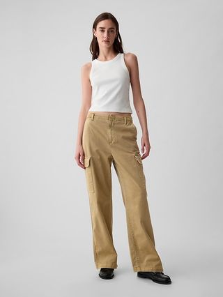 Mid Rise Loose Khaki Cargo Pants