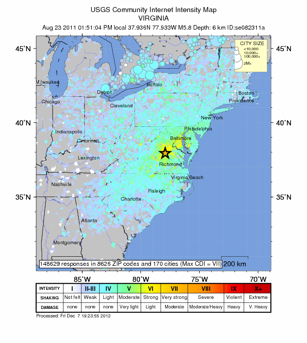 Nearly 150,000 "Did you feel it?" reports were collected by the USGS after the Aug. 23, 2011 Virginia earthquake.