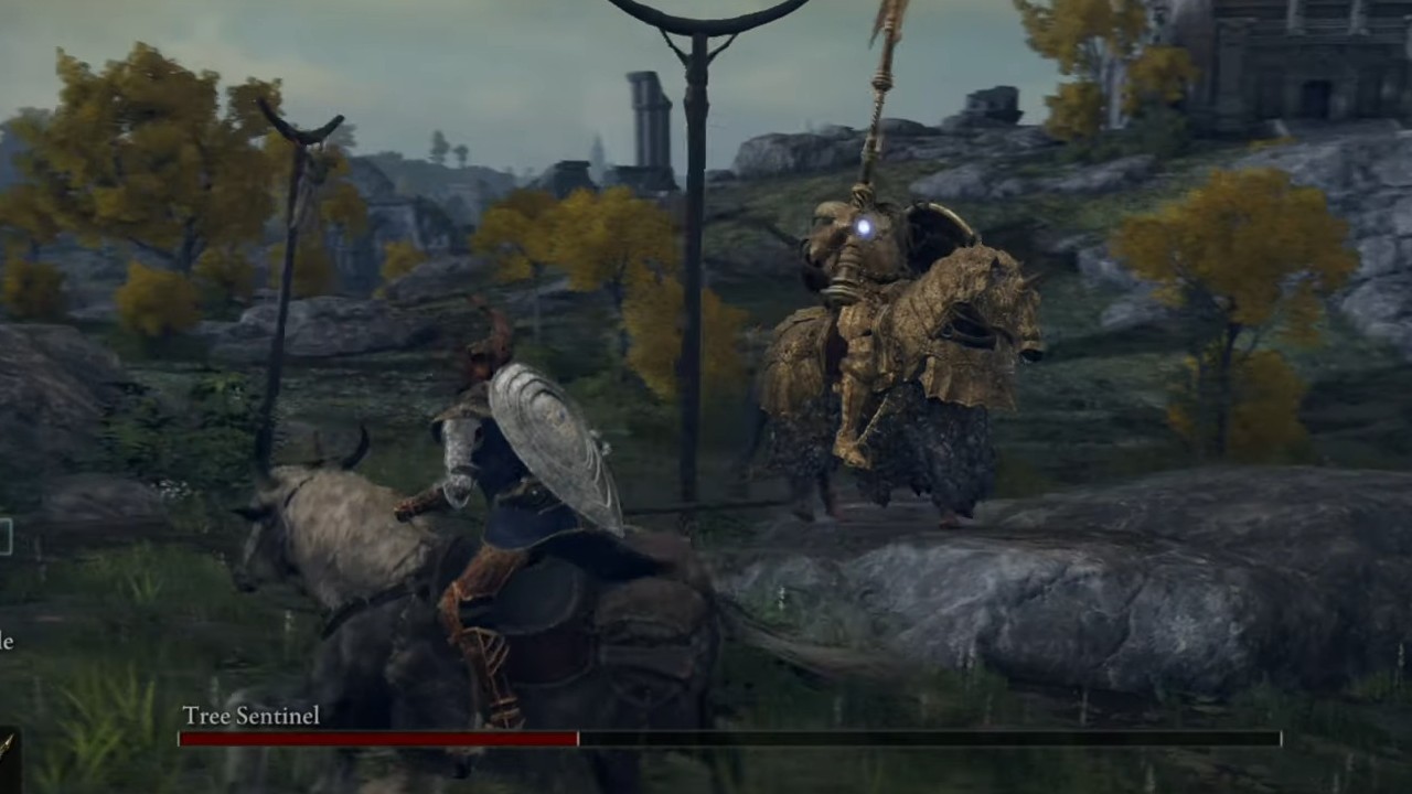 A battle against the Tree Sentinel in Elden Ring