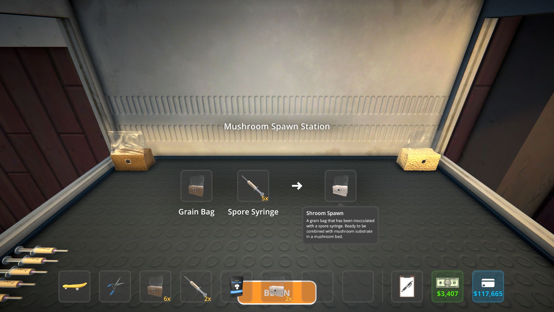 The Schedule 1 shroom spawn station with syringes and a grain bag loaded in.