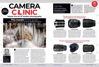 Opening two pages of Digital Camera magazine's April 2024 Camera Clinic technique series, on choosing and using a prime (fixed focal length) lens