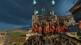 A screenshot of Total War: Warhammer 3 showing grave guard soldiers jumping out of a siege tower beneath a grey sky